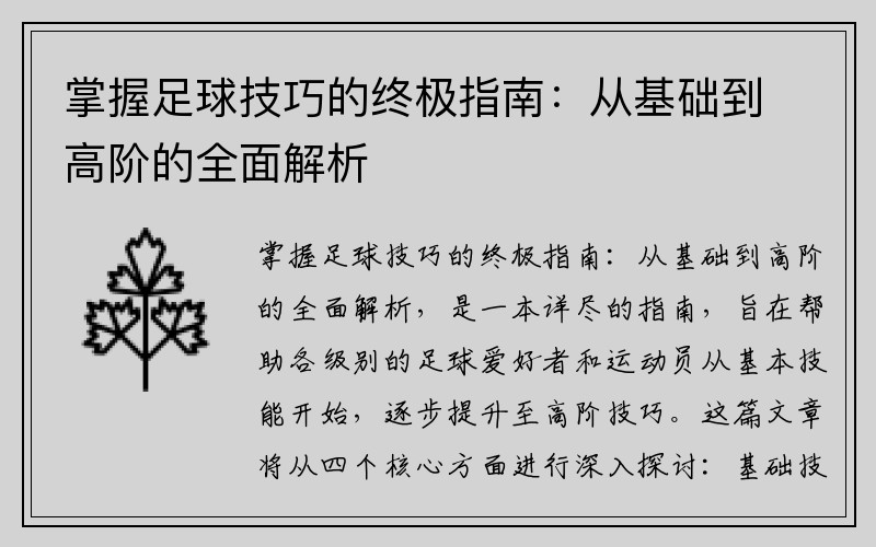 掌握足球技巧的终极指南：从基础到高阶的全面解析